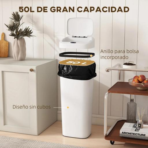 Cubo de Basura Cocina Automático 50 L Estrecha de Acero Inoxidable con Sensor Infrarrojo Modo Manual Antihuellas Blanco [5]