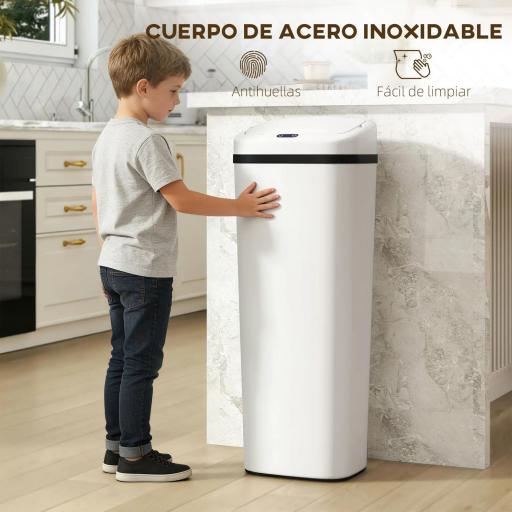 Cubo de Basura Cocina Automático 50 L Estrecha de Acero Inoxidable con Sensor Infrarrojo Modo Manual Antihuellas Blanco [3]