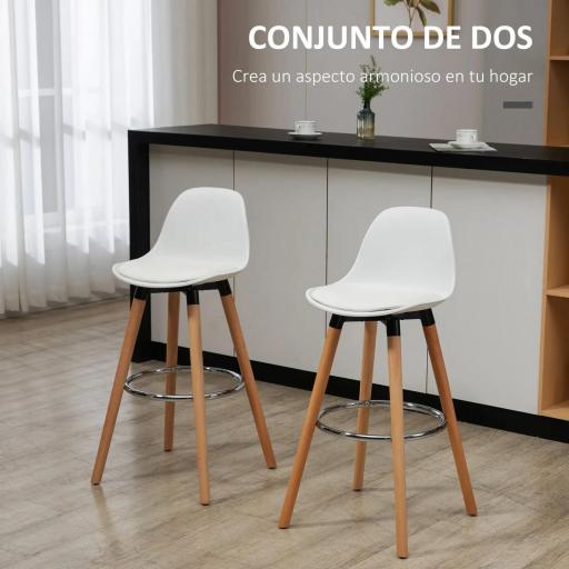 Conjunto de 2 Taburetes de Bar Tapizado en PU Taburetes Altos de Cocina con Asiento 70 cm 40x42x91 cm Blanco [5]