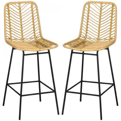 Taburetes Altos de Cocina Juego de 2 con Asiento de Ratán Sintético Taburetes de Bar con Patas de Acero 42,5x52x102 cm Natural [8]