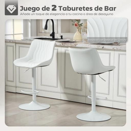 Juego de 2 Taburetes de Bar con Altura Ajustable Respaldo Asiento de Piel Sintética Marco de Acero y Reposapiés Blanco [1]