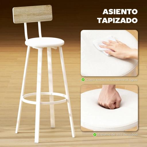 Juego de 2 Taburetes Altos de Cocina con Respaldo y Reposapiés Tapizados de PU Asiento de 75,5 cm Natural y Blanco [3]