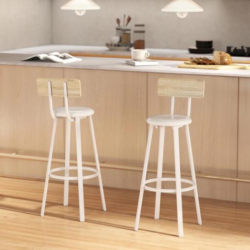 Juego de 2 Taburetes Altos de Cocina con Respaldo y Reposapiés Tapizados de PU Asiento de 75,5 cm Natural y Blanco [7]