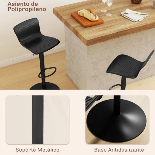 Conjunto de 2 Taburetes Altos de Cocina Giratorios con Respaldo y Altura Ajustable Carga 120 kg para Bar Salón Negro [4]