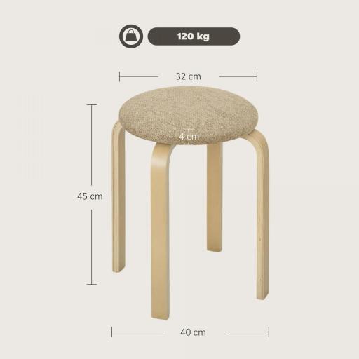 Juego de 4 Taburetes Redondos de Madera Apilables con Asiento Acolchado para Cocina Comedor Dormitorio Caqui [1]