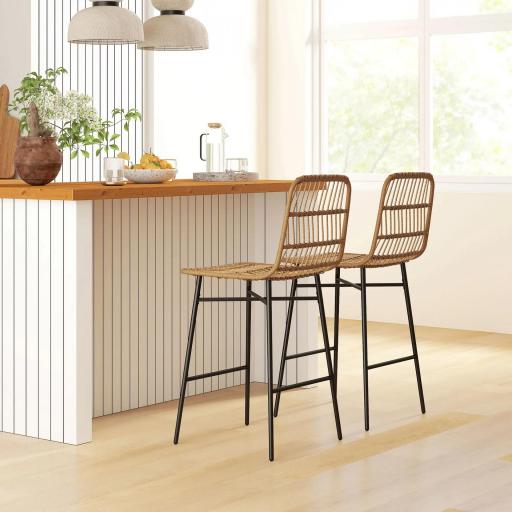 Conjunto de 2 Taburetes Altos de Cocina Taburetes de Bar con Respaldo y Asiento de Ratán para Bar Cocina Comedor Marrón