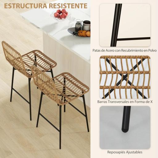Conjunto de 2 Taburetes Altos de Cocina Taburetes de Bar con Respaldo y Asiento de Ratán para Bar Cocina Comedor Marrón [4]