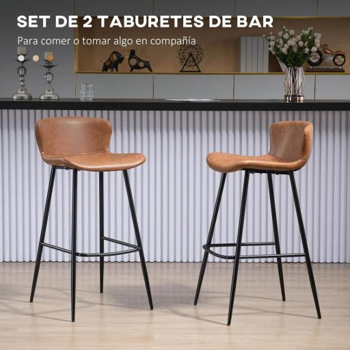 Conjunto de 2 Taburetes Altos de Cocina con Respaldo Tapizado en PU Carga 120 kg para Bar Salón Comedor Marrón [3]