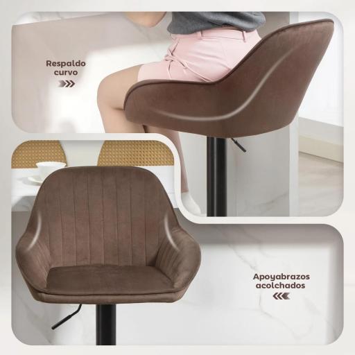 Juego de 2 Taburetes de Bar Giratorios Altura Ajustable 62-83 cm Tapizada en Terciopelo Respaldo y Reposapiés Marrón [3]