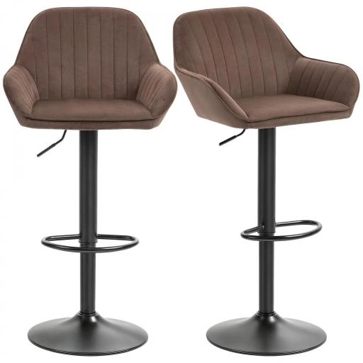 Juego de 2 Taburetes de Bar Giratorios Altura Ajustable 62-83 cm Tapizada en Terciopelo Respaldo y Reposapiés Marrón [8]