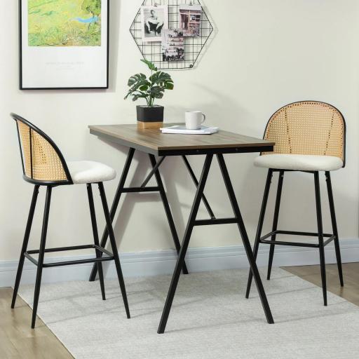 Juego de 2 Taburetes de Bar con Respaldo de Ratán Asiento Tapizado en Borreguito Marco de Acero y Reposapiés Crema