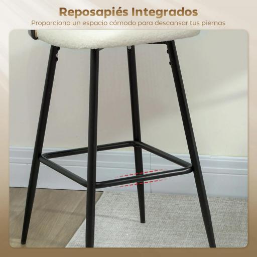 Juego de 2 Taburetes de Bar con Respaldo de Ratán Asiento Tapizado en Borreguito Marco de Acero y Reposapiés Crema [3]