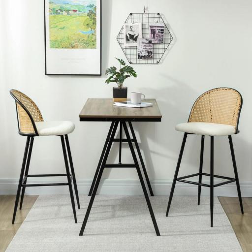 Juego de 2 Taburetes de Bar con Respaldo de Ratán Asiento Tapizado en Borreguito Marco de Acero y Reposapiés Crema [6]