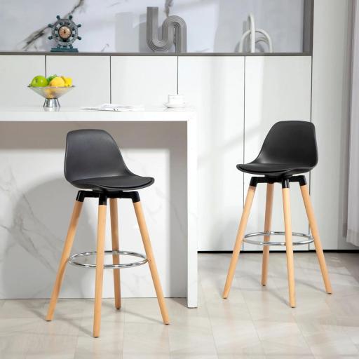 Juego de 2 Taburetes Altos de Cocina 69 cm Tapizado en PU con Respaldo Patas de Madera para Comedor Negro