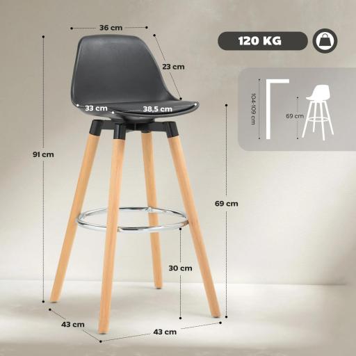 Juego de 2 Taburetes Altos de Cocina 69 cm Tapizado en PU con Respaldo Patas de Madera para Comedor Negro [1]