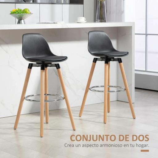Juego de 2 Taburetes Altos de Cocina 69 cm Tapizado en PU con Respaldo Patas de Madera para Comedor Negro [3]