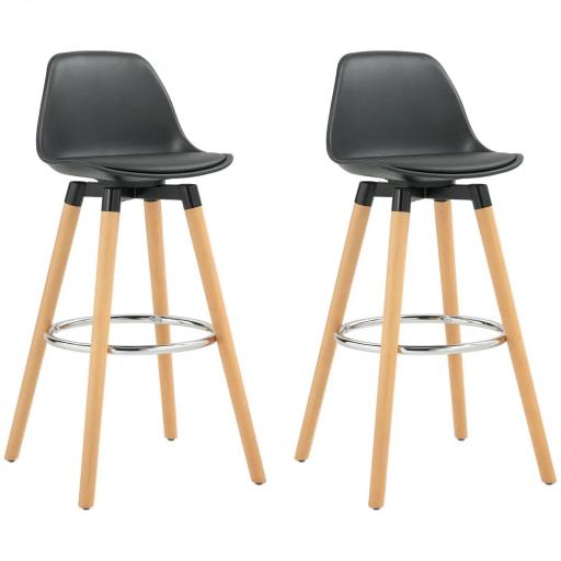Juego de 2 Taburetes Altos de Cocina 69 cm Tapizado en PU con Respaldo Patas de Madera para Comedor Negro [8]
