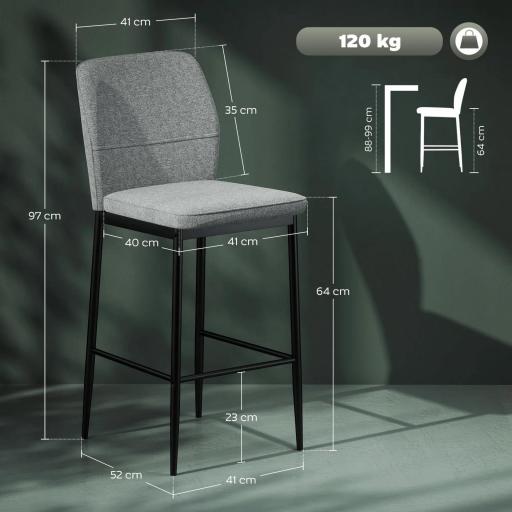 Set de 2 Taburetes Altos con Tapizado Aterciopelado y Patas de Acero para Cocina Comedor Barra 41x52x97 cm Gris [1]