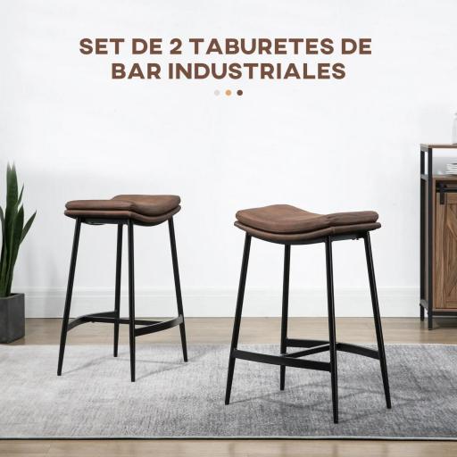 Conjunto de 2 Taburetes Altos de Cocina con Estructura de Acero Estilo Industrial Carga 120 kg para Comedor Bar Marrón [2]