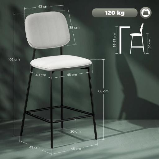 Conjunto de 2 Taburetes de Bar con Respaldo Tapizado Aterciopelado y Estructura de Acero 45x49x102 cm Gris Claro [1]