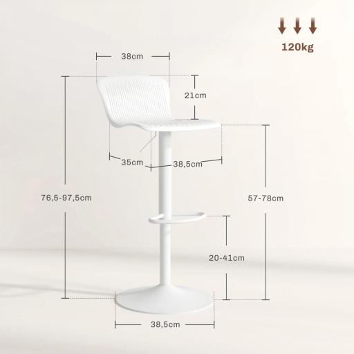 Conjunto de 2 Taburetes Altos de Cocina Giratorios con Respaldo y Altura Ajustable Carga 120 kg para Bar Salón Blanco [1]