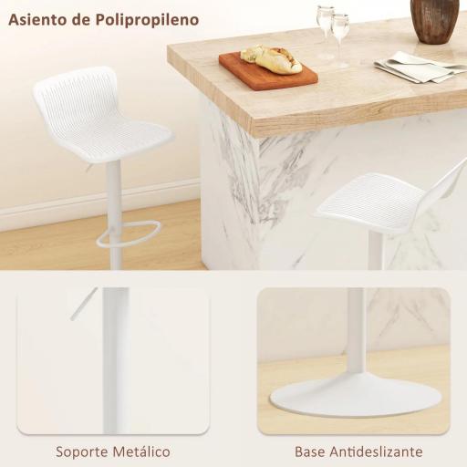 Conjunto de 2 Taburetes Altos de Cocina Giratorios con Respaldo y Altura Ajustable Carga 120 kg para Bar Salón Blanco [5]