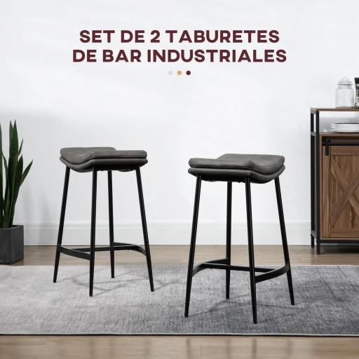 Conjunto de 2 Taburetes Altos de Cocina con Estructura de Acero Estilo Industrial Carga 120 kg para Comedor Bar Gris [3]