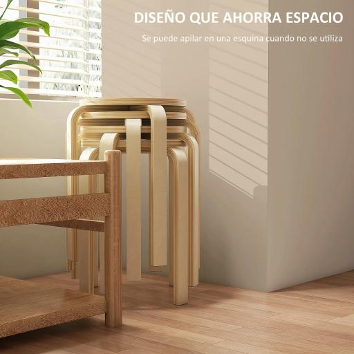 Juego de 4 Taburetes Apilables Taburetes de Madera Redondos Carga 120 kg para Cocina Salón Ø40x45 cm Madera Natural [5]