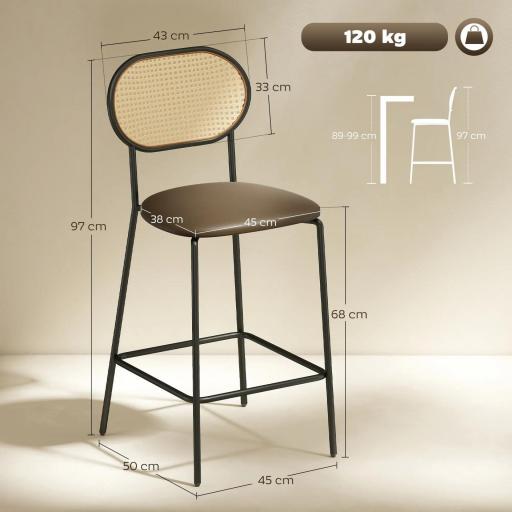 Juego de 2 Altos de Cocina con Respaldo de Ratán Asiento de PU Marco de Acero y Reposapiés Marrón [1]