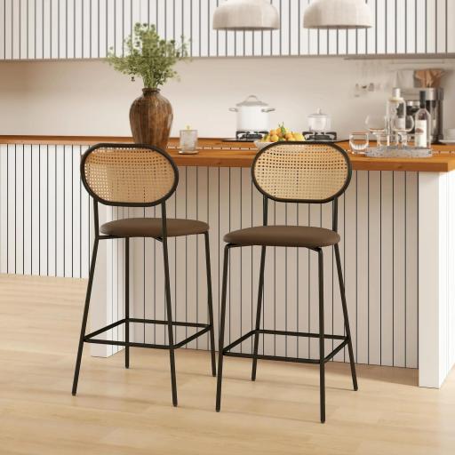 Juego de 2 Altos de Cocina con Respaldo de Ratán Asiento de PU Marco de Acero y Reposapiés Marrón [5]