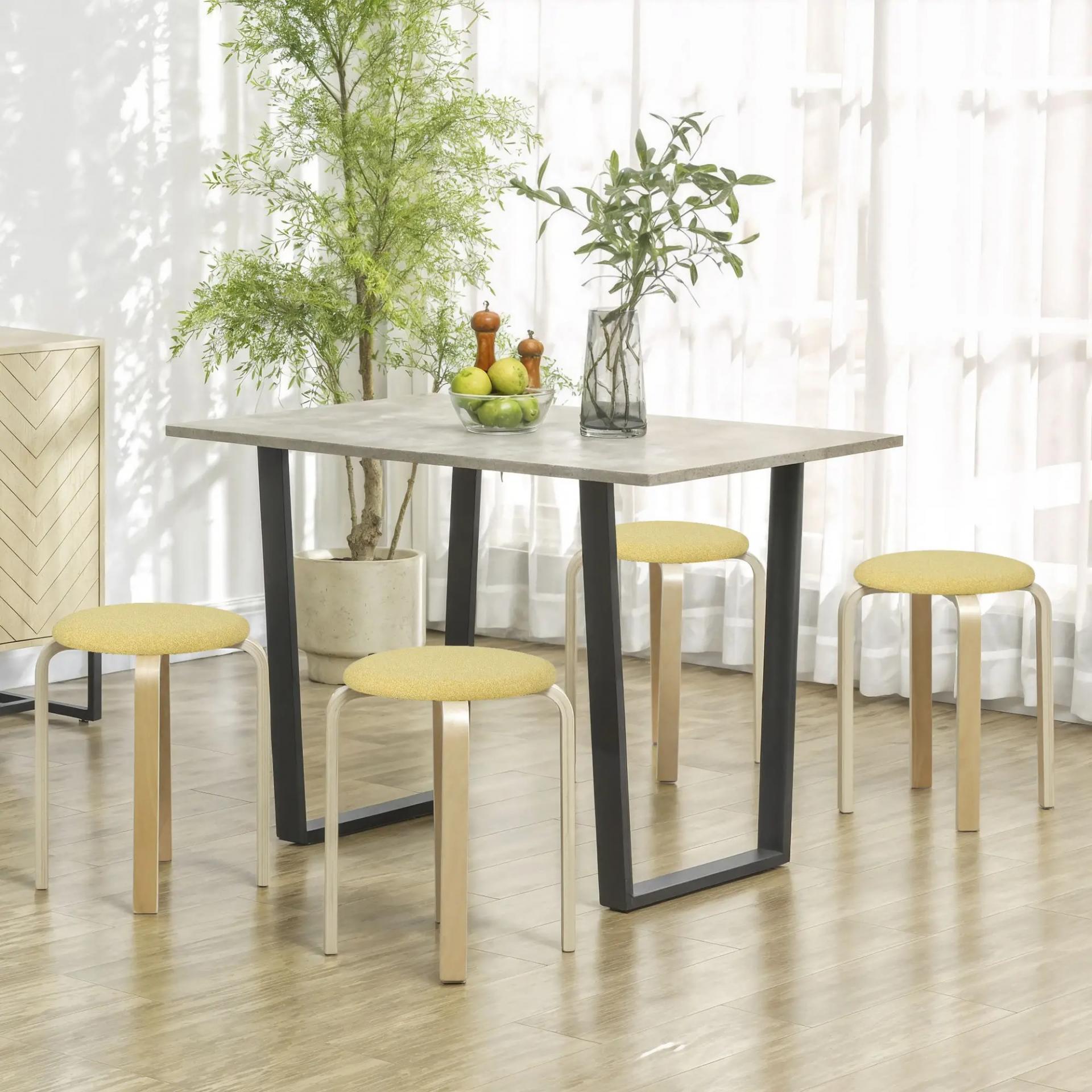 Juego de 4 Taburetes Redondos de Madera Apilables con Asiento Acolchado para Cocina Comedor Dormitorio Amarillo