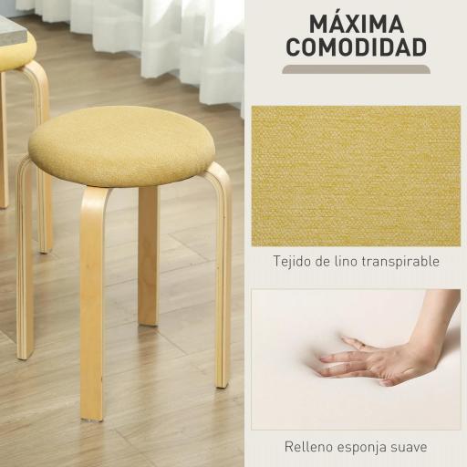 Juego de 4 Taburetes Redondos de Madera Apilables con Asiento Acolchado para Cocina Comedor Dormitorio Amarillo [3]