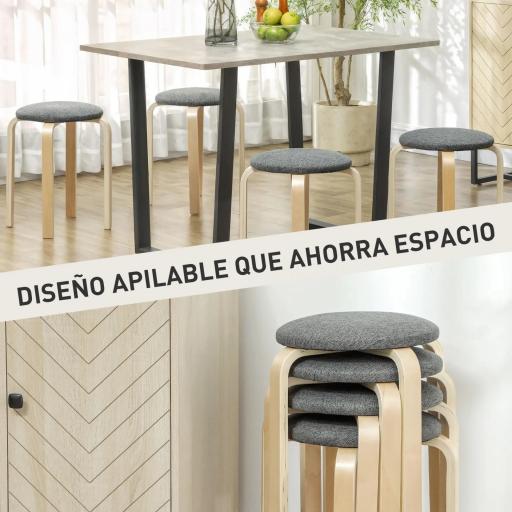 Juego de 4 Taburetes Redondos de Madera Apilables con Asiento Acolchado para Cocina Comedor Dormitorio Gris [3]
