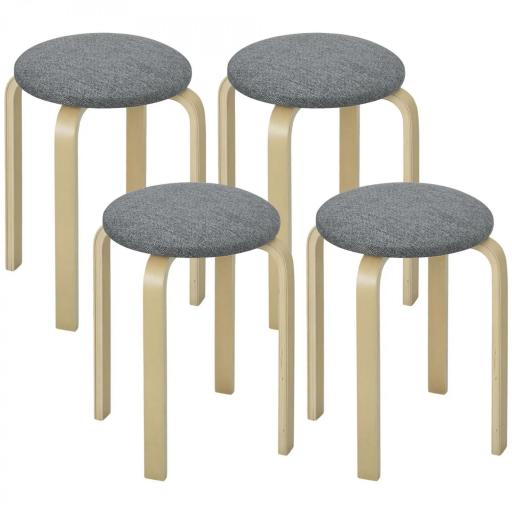 Juego de 4 Taburetes Redondos de Madera Apilables con Asiento Acolchado para Cocina Comedor Dormitorio Gris [10]