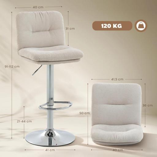 Juego de 2 Taburetes Altos de Cocina Giratorios Tapizados de Lino con Altura Ajustable Respaldo y Reposapiés Beige [1]