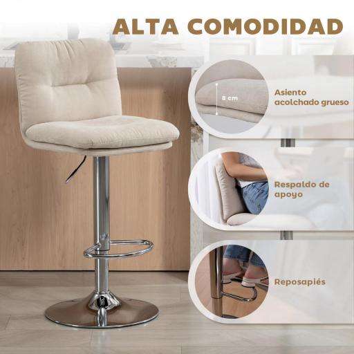 Juego de 2 Taburetes Altos de Cocina Giratorios Tapizados de Lino con Altura Ajustable Respaldo y Reposapiés Beige [3]