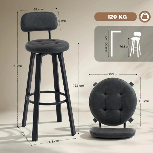 Juego de 2 Taburetes Altos de Cocina Giratorios Tapizados de PU con Respaldo Marco de Metal Reposapiés Gris Oscuro [1]
