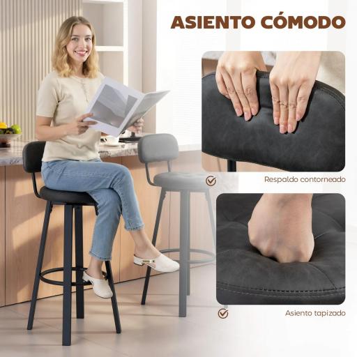 Juego de 2 Taburetes Altos de Cocina Giratorios Tapizados de PU con Respaldo Marco de Metal Reposapiés Gris Oscuro [3]