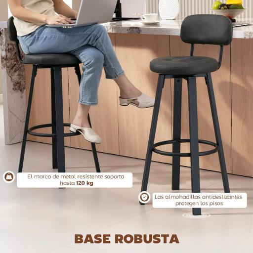 Juego de 2 Taburetes Altos de Cocina Giratorios Tapizados de PU con Respaldo Marco de Metal Reposapiés Gris Oscuro [5]