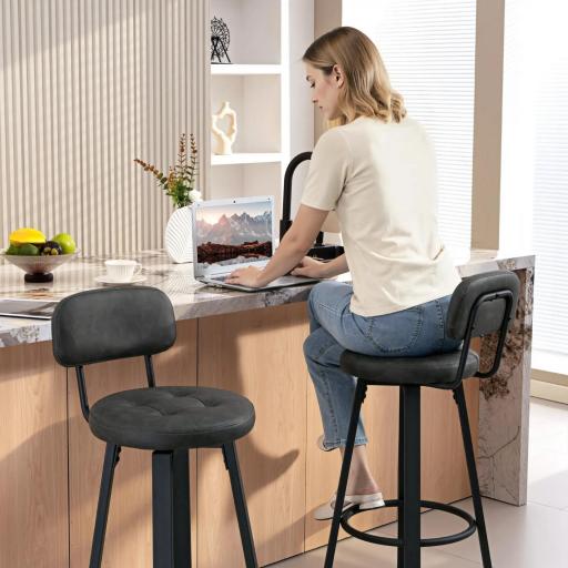 Juego de 2 Taburetes Altos de Cocina Giratorios Tapizados de PU con Respaldo Marco de Metal Reposapiés Gris Oscuro [7]