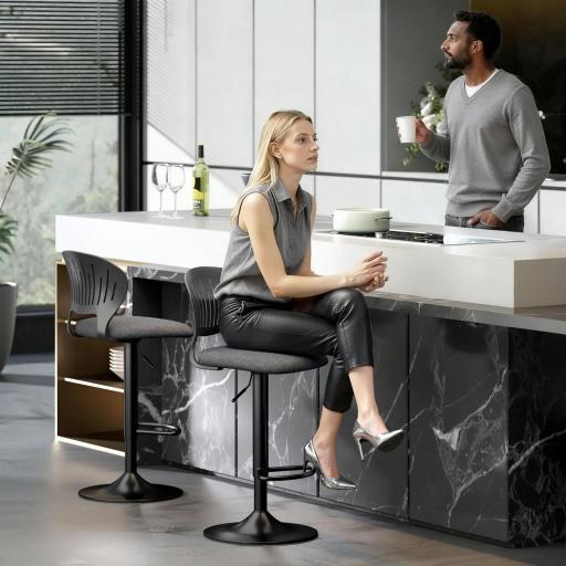 Juego de 2 Taburetes de Bar Giratorios en 360° Regulables en Altura de 84-105 cm Respaldo Hueco Reposapiés Negro [6]