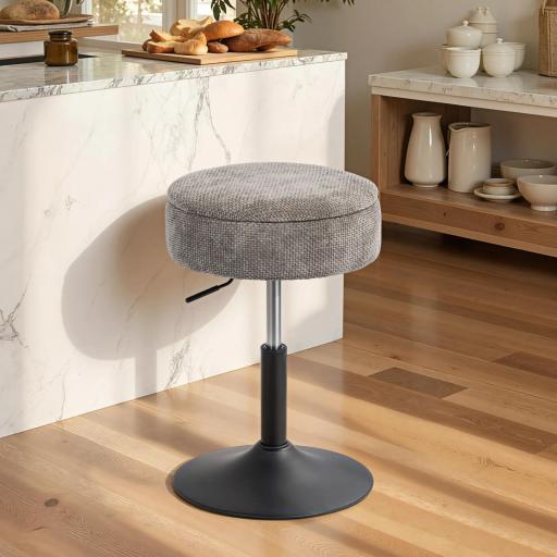 Taburete de Bar con Almacenaje Altura Ajustable Taburete de Cocina Redondo Giratorio Tapizado en Chenilla Gris