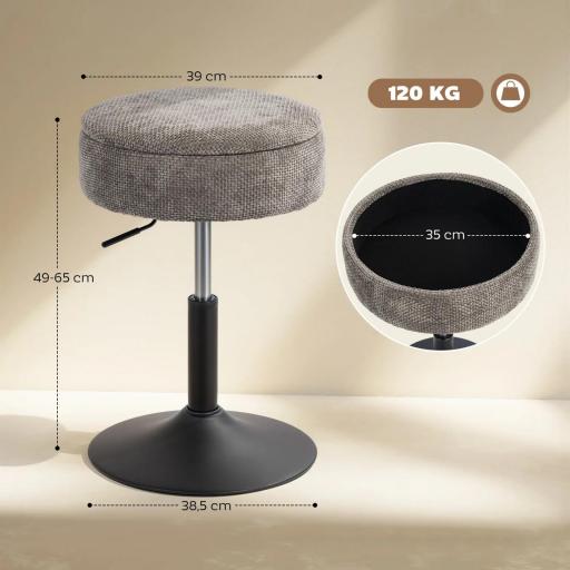Taburete de Bar con Almacenaje Altura Ajustable Taburete de Cocina Redondo Giratorio Tapizado en Chenilla Gris [2]