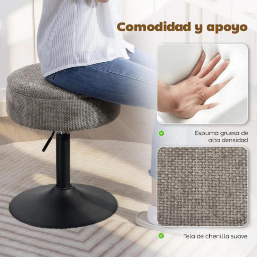 Taburete de Bar con Almacenaje Altura Ajustable Taburete de Cocina Redondo Giratorio Tapizado en Chenilla Gris [3]