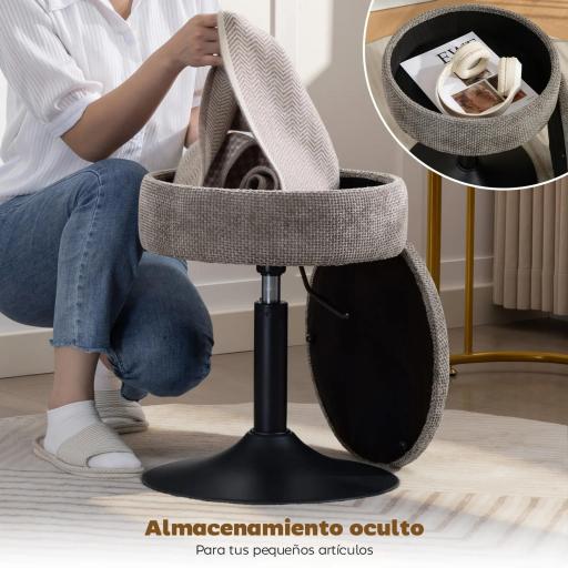 Taburete de Bar con Almacenaje Altura Ajustable Taburete de Cocina Redondo Giratorio Tapizado en Chenilla Gris [1]