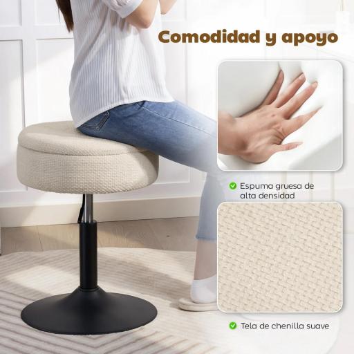 Taburete de Bar con Almacenaje Altura Ajustable Taburete de Cocina Redondo Giratorio Tapizado en Chenilla Beige [1]