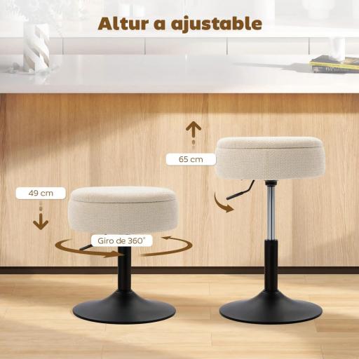 Taburete de Bar con Almacenaje Altura Ajustable Taburete de Cocina Redondo Giratorio Tapizado en Chenilla Beige [3]