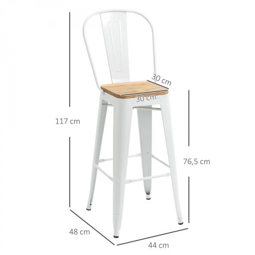 Juego de 4 Taburetes Altos de Cocina Apilables con Respaldo Taburetes de Bar con Reposapiés 44x48x117 cm Blanco [1]