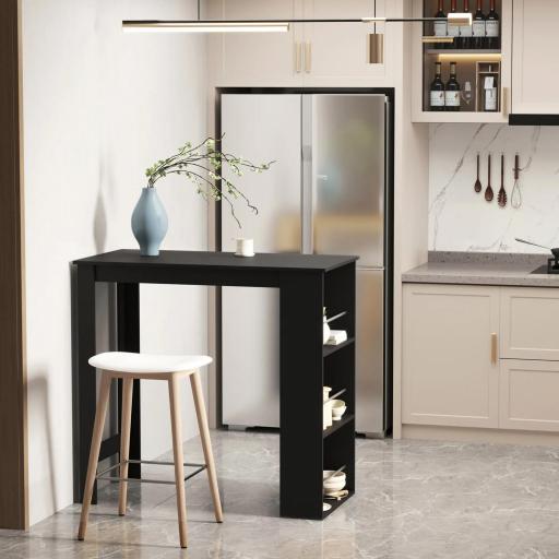 Mesa Alta de Bar, Mesa de Cocina con 3 Estantes Laterales, Estilo Moderno, para Comedor, Salón, 112x57x106 cm, Negro