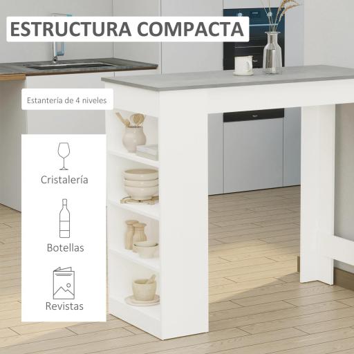 Mesa de Bar Mesa Alta Tipo Bistró de Cocina con Estantería de 4 Niveles Estilo Moderno 115x50x102,7 cm Blanco y Gris [2]